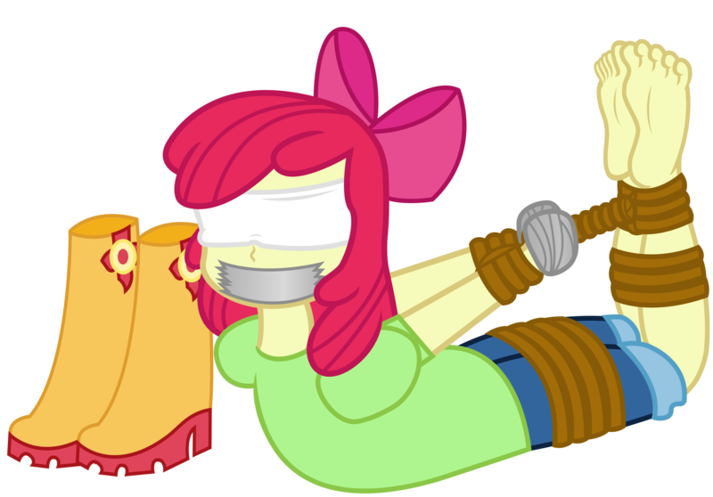 Size: 3000x2092 | Tagged: safe, artist:cardshark777, derpibooru import, apple bloom, equestria girls, barefoot, blindfold, bloomsub, bondage, boots, bow, clothes, digital art, feet, female, g4, gag, green shirt, hair bow, helpless, hogtied, image, png, rope, rope bondage, shoes, shoes removed, simple background, solo, tape, tape gag, transparent background, wip