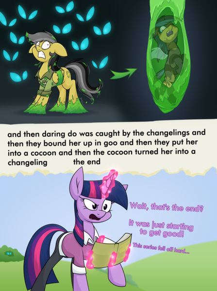 Size: 3000x4024 | Tagged: suggestive, artist:moonatik, derpibooru import, daring do, twilight sparkle, changeling, unicorn, bondage, bound wings, changeling eyes, changeling slime, clothes, cocoon, image, pants, png, shirt, sweater, text, transformation, unicorn twilight, wings