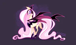 Size: 2048x1228 | Tagged: safe, artist:janegumball, derpibooru import, fluttershy, bat pony, pony, abstract background, alternate cutie mark, alternate design, alternate eye color, armor, bags under eyes, bat ponified, bite mark, blue sclera, colored eyelashes, colored pupils, colored sclera, colored wings, eternal night au (janegumball), ethereal mane, ethereal tail, fangs, female, flutterbat, frown, g4, helmet, image, jpeg, large wings, long legs, long mane, long neck, long tail, mare, narrowed eyes, nightmare fluttershy, nightmarified, partially open wings, peytral, pink eyes, pink mane, pink tail, profile, race swap, signature, slit pupils, solo, standing, tail, tall ears, tallershy, teal sclera, thin legs, two toned wings, wavy mane, wavy tail, wings, yellow coat