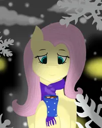 Size: 4000x5000 | Tagged: safe, artist:windy, derpibooru import, fluttershy, pegasus, pony, chocolate, clothes, cute, food, holding, hot chocolate, image, looking down, marshmallow, night, png, scarf, snow, snowfall, snowflake, solo, winter