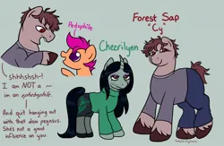 Size: 1200x784 | Tagged: suggestive, artist:feralkittyclawz, derpibooru import, scootaloo, oc, oc:cheerilyn, oc:cyrus forester, oc:evelynn forester, oc:forest sap, ponified, earth pony, pegasus, pony, unicorn, clothes, dialogue, earth pony oc, eyeshadow, female, filly, foal, g4, hoof shoes, horn, image, jpeg, looking at each other, looking at someone, makeup, male, mare, mouth scar, open mouth, pants, pedophile, pointing, ponified oc, raised hoof, scar, shirt, signature, skirt, smiling, stallion, tail, unicorn oc, unshorn fetlocks, vulgar