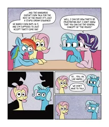 Size: 1102x1280 | Tagged: safe, artist:horsewizardart, derpibooru import, fluttershy, rainbow dash, starlight glimmer, trixie, pegasus, pony, unicorn, argument, awkward, awkward moment, bags under eyes, colored, crossed hooves, double date, eye clipping through hair, eyebrows, eyebrows visible through hair, eyelashes, false advertising, female, flat colors, flutterdash, folded wings, frown, funny, g4, halftone, horn, image, implied lawsuit, indoors, kangaroo jack, lesbian, looking at each other, looking at someone, mare, open mouth, png, raised hoof, rant, shipping, signature, sitting, smiling, speech bubble, startrix, talking, text, wings