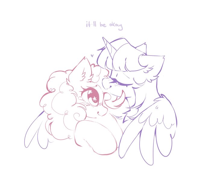 Size: 2368x2122 | Tagged: safe, artist:mirtash, derpibooru import, pinkie pie, twilight sparkle, twilight sparkle (alicorn), alicorn, earth pony, pony, big ears, big eyes, blushing, comfort, comforting, curly mane, ear fluff, eyes closed, female, floating heart, g4, heart, height difference, horn, hug, image, jpeg, lesbian, limited palette, looking up, mare, profile, purple text, raised hoof, raised hooves, shipping, simple background, smiling, sparkly eyes, starry eyes, straight mane, text, twinkie, unicorn horn, white background, wing fluff, wingding eyes, winghug, wings