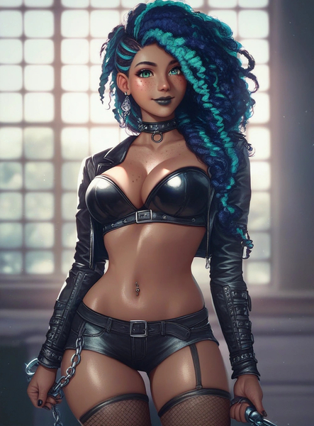 Size: 992x1344 | Tagged: suggestive, ai content, derpibooru import, editor:sammykun, machine learning generated, stable diffusion, human, g5, my little pony: make your mark, my little pony: tell your tale, adult, adult female, beauty mark, belly button, belly piercing, belt, big breasts, black jacket, black leather jacket, black lipstick, black nail polish, black nails, black shorts, blurry background, breasts, busty misty brightdawn, chains, choker, cleavage, clothes, curly hair, dark skin, ear piercing, earring, female, fingernails, fishnet clothing, fishnets, freckles, garter straps, generator:pony diffusion v6 xl, generator:purplesmart.ai, goth, humanized, image, indoors, jacket, jewelry, jpeg, latex, latex top, leather, leather jacket, lipstick, long hair, long sleeves, midriff, misty brightdawn, nail polish, nails, piercing, prompter:sammykun, shorts, skinny, slender, socks, solo, solo female, stockings, thigh highs, thin, two toned hair, window, woman, young