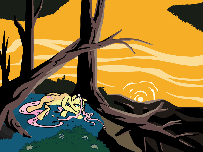 Size: 3200x2400 | Tagged: safe, artist:mafon, derpibooru import, fluttershy, pegasus, pony, female, forest, image, lying down, mare, nature, png, prone, solo, sunset, tree
