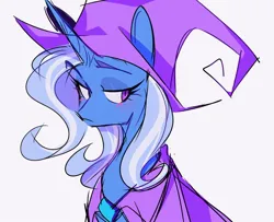 Size: 1280x1041 | Tagged: artist needed, safe, derpibooru import, trixie, pony, unicorn, blue coat, blushing, eyebrows, eyebrows visible through hair, g4, horn, image, jpeg, simple background, solo