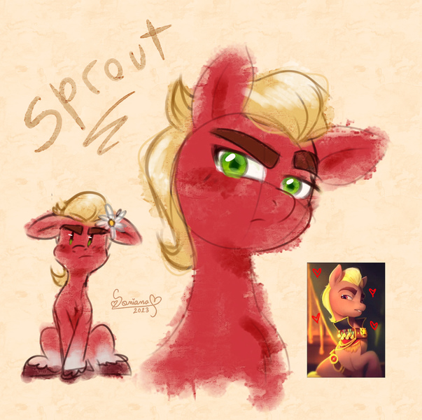 Size: 1916x1908 | Tagged: safe, artist:soniana_draws, derpibooru import, sprout cloverleaf, earth pony, pony, g5, bust, cute, emperor sprout, flower, flower in hair, image, jpeg, male, malewife, portrait, sproutbetes, stallion, unshorn fetlocks