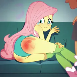 Size: 1024x1024 | Tagged: prompter needed, suggestive, ai content, derpibooru import, machine learning assisted, machine learning generated, fluttershy, human, equestria girls, boots, clothes, crying, g4, image, jpeg, looking at you, looking back, looking back at you, shoes, spank mark, spanked, underwear