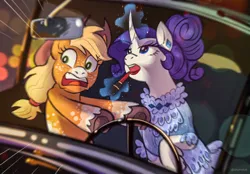 Size: 2048x1423 | Tagged: safe, artist:_churrokat, artist:churrokat, derpibooru import, applejack, rarity, earth pony, pony, unicorn, alternate design, alternate hairstyle, applejack's hat, applying makeup, blonde mane, blue dress, blue eyes, body freckles, car, clothes, coat markings, colored fetlocks, colored hooves, colored muzzle, cowboy hat, curly mane, curved horn, detailed background, dress, driving, duo, duo female, ear piercing, earring, eyelashes, eyeshadow, female, freckles, frilly dress, g4, glow, glowing horn, gown, hat, hoof hold, horn, image, imminent crash, jewelry, leg fluff, leg freckles, lesbian, lidded eyes, lipstick, looking at something, looking up, magic, makeup, mare, meme redraw, motion blur, open mouth, piercing, png, ponytail, purple mane, raised hoof, rarijack, redesign, redraw, shipping, shrunken pupils, signature, socks (coat marking), sparkly dress, teeth, telekinesis, this will end in pain and/or death, tied mane, underhoof, unicorn horn, wall of tags, white coat, wingding eyes