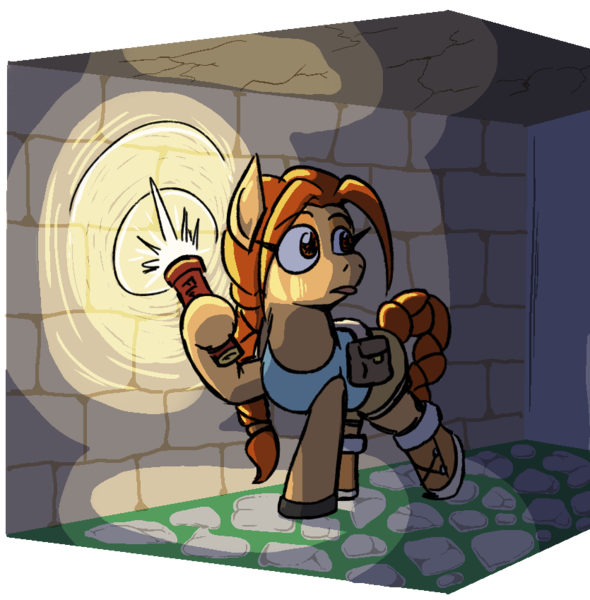 Size: 835x849 | Tagged: safe, artist:jargon scott, derpibooru import, ponified, earth pony, pony, female, flare, hoof hold, image, lara croft, mare, png, solo, tomb raider, tunnel, turned head