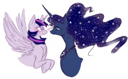 Size: 1362x845 | Tagged: safe, artist:hedgepods, derpibooru import, princess luna, twilight sparkle, twilight sparkle (alicorn), alicorn, pony, blushing, bust, colored sketch, female, heart, image, lesbian, looking at each other, looking at someone, mare, png, ship:twiluna, shipping, simple background, sketch, spread wings, white background, wings