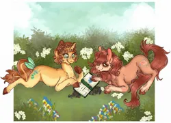 Size: 2048x1476 | Tagged: safe, artist:hedgepods, derpibooru import, oc, oc:brianna, oc:faery ring, unofficial characters only, earth pony, pony, unicorn, book, duo, female, glasses, grass, horn, image, jpeg, lying down, mare, prone, reading, unshorn fetlocks