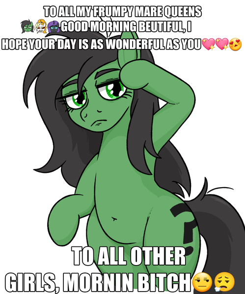 Size: 1125x1353 | Tagged: safe, artist:jargon scott, derpibooru import, oc, oc:anon-mare, oc:dyx, oc:nyx, unofficial characters only, alicorn, earth pony, pony, belly, belly button, emoji, female, frown, image, lidded eyes, mare, png, simple background, solo, text, vulgar, white background