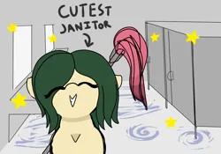 Size: 2500x1750 | Tagged: safe, artist:allhallowsboon, derpibooru import, oc, oc:myrtle remedy, unofficial characters only, earth pony, pony, ^^, bathroom, bathroom stall, clean, cleaning, cream coat, earth pony oc, english, eyes closed, female, female focus, floppy ears, green mane, happy, image, looking at you, mare, mop, png, smiling, solo, solo focus, text, working
