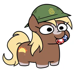 Size: 760x701 | Tagged: safe, alternate version, artist:jargon scott, derpibooru import, ponified, ponified:sgt. reckless, earth pony, pony, army helmet, blaze (coat marking), coat markings, cute, facial markings, female, helmet, image, mare, mouth hold, png, poker chips, simple background, smiling, solo, squatpony, white background