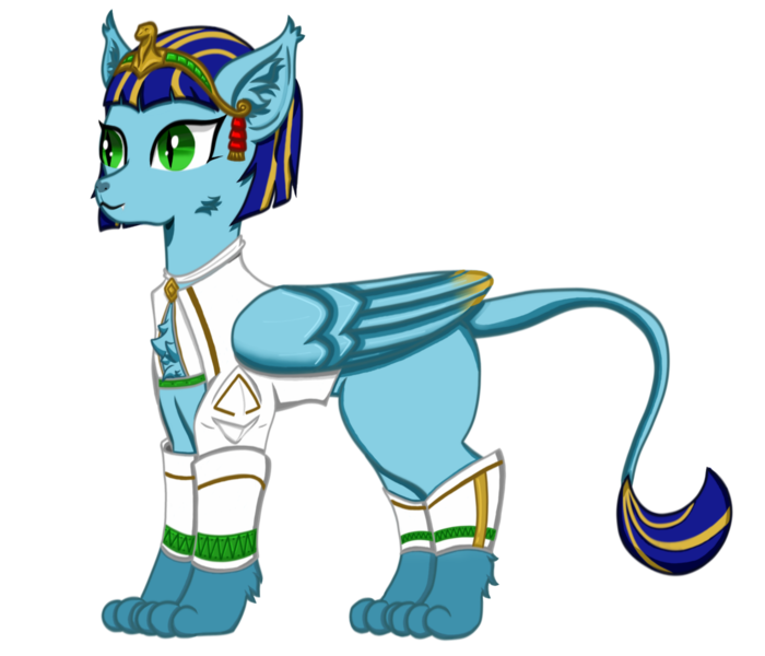 Size: 2800x2400 | Tagged: safe, artist:nismorose, derpibooru import, oc, oc:acekara bow, unofficial characters only, pony, sphinx, blue mane, cat nose, cat paws, cheek fluff, chest fluff, clothes, colored wings, ear fluff, female, green eyes, image, leg fluff, mare, multicolored hair, multicolored mane, multicolored wings, paws, png, simple background, slit pupils, solo, transparent background, wings