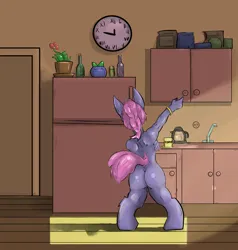 Size: 1346x1414 | Tagged: suggestive, artist:jorusbane, derpibooru import, oc, oc:samantha mosely, unofficial characters only, anthro, pony, unguligrade anthro, unicorn, ass, bottle, bracelet, butt, cabinet, clock, coffee, coffee mug, commission, commissioner:wafertwo, covering, covering breasts, door, female, horn, image, indoors, jewelry, kitchen, mug, necklace, nudity, png, potted plant, raised arm, rear view, refrigerator, sink, solo, solo female, tail, unicorn oc, ych result, your character here