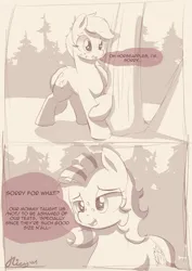 Size: 1625x2290 | Tagged: suggestive, artist:ricy, ponerpics import, applejack, oc, oc:milky way, earth pony, pony, 2 panel comic, blushing, comic, cutie mark, dialogue, earth pony oc, female, forest, freckles, image, mare, meme, monochrome, png, sketch, talking, tent, tree