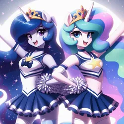 Size: 1024x1024 | Tagged: safe, ai content, derpibooru import, machine learning generated, prompter:bigfanbud123, princess celestia, princess luna, alicorn, anthro, cheerleader, cheerleader celestia, cheerleader luna, cheerleader outfit, clothes, duo, female, generator:bing image creator, generator:dall-e 3, image, png, royal sisters, siblings, sisters