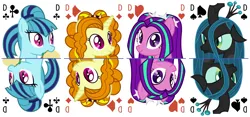 Size: 6400x3000 | Tagged: safe, artist:parclytaxel, derpibooru import, adagio dazzle, aria blaze, queen chrysalis, sonata dusk, ponified, changeling, changeling queen, earth pony, pegasus, pony, unicorn, series:parcly's pony pattern playing cards, .svg available, absurd resolution, bust, equestria girls ponified, female, food, horn, image, looking at you, mare, nom, pigtails, playing card, png, portrait, queen of clubs, queen of diamonds, queen of hearts, queen of spades, rotational symmetry, simple background, smiling, smiling at you, sonataco, spiked headband, taco, tarot card, that pony sure does love tacos, the dazzlings, twintails, vector, white background