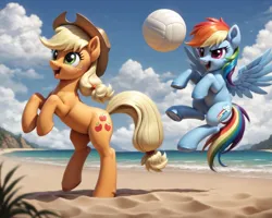 Size: 1920x1536 | Tagged: safe, ai content, derpibooru import, machine learning generated, prompter:foxpony, stable diffusion, applejack, rainbow dash, earth pony, pegasus, pony, beach, bipedal, cloud, duo, g4, generator:pony diffusion v6 xl, happy, hooves, image, looking offscreen, ocean, playing, png, sand, smiling, sports, volleyball, water