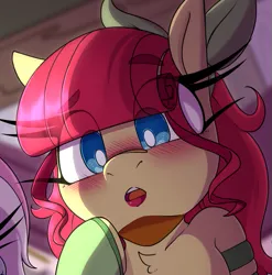 Size: 677x685 | Tagged: safe, artist:lockheart, derpibooru import, torque wrench, earth pony, pony, blushing, bust, chest fluff, close-up, eye clipping through hair, eyebrows, eyebrows visible through hair, female, g4, image, lipstick, mare, offscreen character, png, preview, solo focus