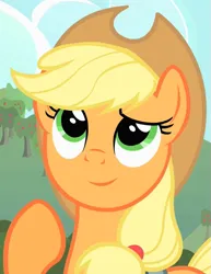 Size: 555x720 | Tagged: safe, derpibooru import, edit, edited screencap, editor:twilyisbestpone, screencap, applejack, earth pony, pony, party of one, season 1, cute, female, g4, image, inverted mouth, jackabetes, looking up, mare, png, smiling, solo