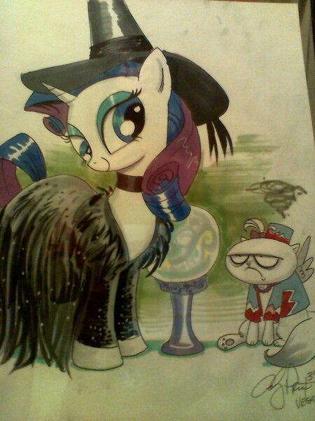 Size: 1200x1600 | Tagged: safe, artist:andypriceart, derpibooru import, opalescence, rarity, cat, pony, unicorn, clothes, costume, fake wings, female, halloween, halloween costume, hat, holiday, horn, image, jpeg, magic orb, mare, traditional art, witch costume, witch hat