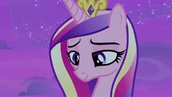 Size: 1920x1088 | Tagged: safe, derpibooru import, screencap, princess cadance, once upon a zeppelin, eyelashes, female, g4, horn, image, jpeg, lidded eyes, looking offscreen, multicolored hair, multicolored mane, night, pink body, smiling, solo, solo female, solo focus, stars