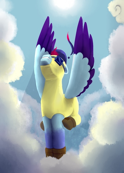 Size: 1000x1400 | Tagged: safe, artist:dagych, derpibooru import, oc, unofficial characters only, pegasus, pony, 2021, blue sky, clothes, cloud, flight suit, flying, image, jpeg, male, pegasus oc, shoes, solo, stallion, wings