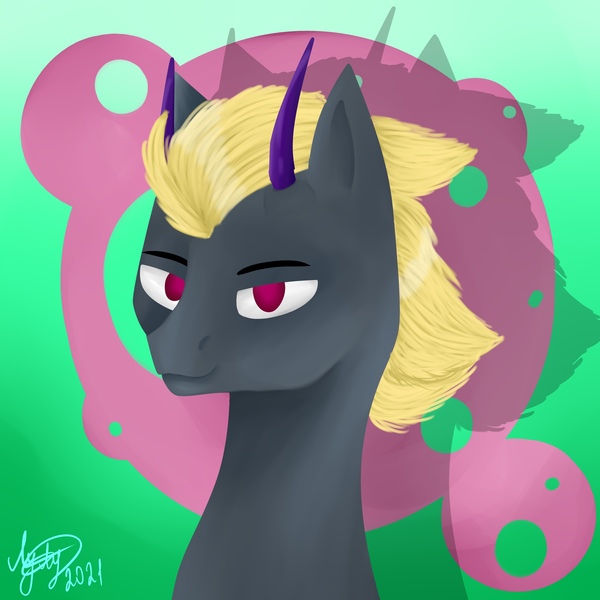 Size: 2160x2160 | Tagged: safe, artist:dagych, derpibooru import, oc, unofficial characters only, pony, unicorn, 2021, abstract background, blonde mane, bust, gray coat, horn, image, jpeg, red eyes, solo, unicorn oc