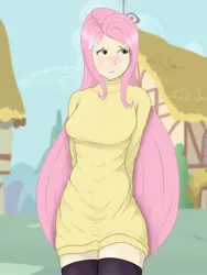Size: 1620x2160 | Tagged: safe, artist:applelord, derpibooru import, fluttershy, blushing, clothes, g4, image, jpeg, long hair, looking away, ponyville, shy, socks, sweater, thigh highs