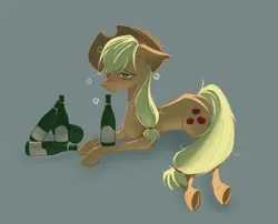 Size: 2500x2020 | Tagged: safe, artist:hede583748, derpibooru import, applejack, earth pony, pony, bottle, dishevelled, drunk, female, floppy ears, green background, image, mare, png, simple background, solo, wine bottle
