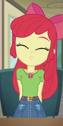 Size: 600x1200 | Tagged: safe, ai content, machine learning generated, apple bloom, equestria girls, bow, child, clothes, cutie mark, cutie mark on clothes, eyes closed, female, hair bow, image, png, shirt, skirt, t-shirt
