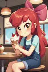 Size: 735x1096 | Tagged: safe, ai content, machine learning generated, apple bloom, human, equestria girls, bow, child, clothes, female, food, hair bow, humanized, ice cream, image, looking at you, png, restaurant