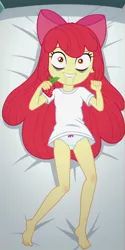 Size: 600x1200 | Tagged: safe, ai content, machine learning generated, apple bloom, equestria girls, bags under eyes, bare legs, barefoot, bed, bow, child, clothes, drool, feet, female, food, hair bow, image, on bed, panties, png, shirt, strawberry, t-shirt, underwear