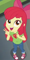 Size: 600x1200 | Tagged: safe, ai content, machine learning generated, apple bloom, equestria girls, bow, child, clothes, female, food, hair bow, image, jeans, looking at you, pants, peace sign, png, shirt, shoes, smiling, strawberry, t-shirt