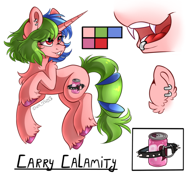 Size: 2200x2091 | Tagged: safe, artist:yuris, derpibooru import, oc, oc:carry calamity, unofficial characters only, pony, unicorn, chest fluff, colored hooves, cutie mark, ear piercing, earring, ears up, eye clipping through hair, eyebrows, eyebrows visible through hair, fangs, female, horn, image, jewelry, lip piercing, mare, open mouth, piercing, png, red eyes, reference sheet, shoulder fluff, simple background, smiling, solo, tail, turned head, two toned mane, two toned tail, unicorn oc, unshorn fetlocks, white background