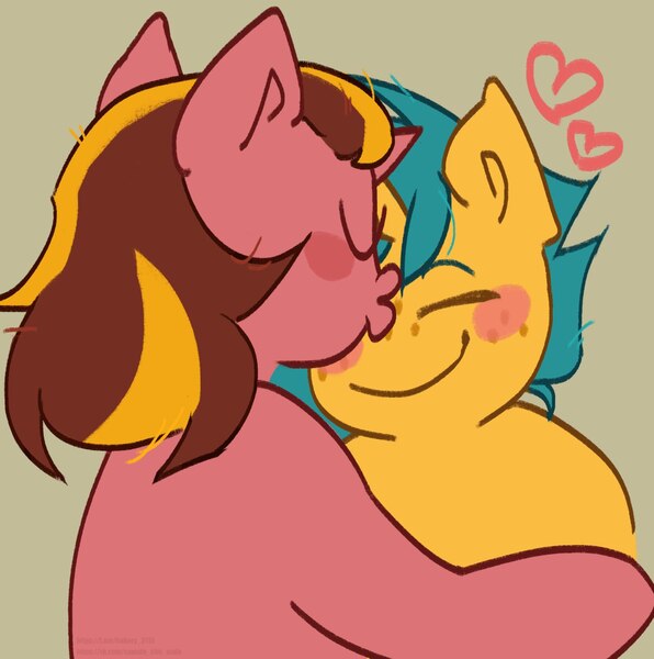 Size: 1272x1280 | Tagged: safe, artist:хлебушек, derpibooru import, oc, oc:drew dru, oc:wry bell, pony, unicorn, horn, image, jpeg, kissing, unicorn oc