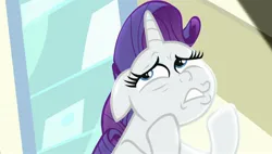 Size: 1920x1088 | Tagged: safe, derpibooru import, screencap, rarity, unicorn, dragon dropped, season 9, spoiler:s09, colored pupils, expression, expressions, eyelashes, facial expressions, frown, g4, hairstyle, hasbro, horn, image, jpeg, looking up, purple hair, purple mane, sad, solo, teeth, white coat, white fur