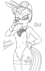 Size: 949x1500 | Tagged: suggestive, artist:sepiakeys, derpibooru import, cloudy quartz, anthro, earth pony, bunny suit, clothes, female, g4, image, monochrome, png, solo, solo female