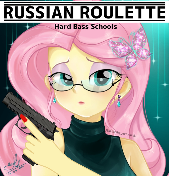 Size: 1194x1242 | Tagged: safe, artist:edy_january, artist:fluttershy_art.nurul, derpibooru import, fluttershy, human, equestria girls, equestria girls series, agent, album, album cover, album parody, butterfly hairpin, clothes, dress, g4, geode of fauna, glasses, gun, handgun, hardbass, image, jewelry, magical geodes, music, p220, pistol, png, russian roulette, secret agent, solo, song, song reference, the matrix, trigger discipline, weapon