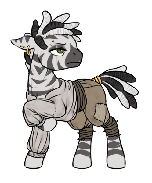 Size: 1088x1311 | Tagged: safe, artist:multiverseequine, derpibooru import, oc, oc:zuberi, unofficial characters only, pony, zebra, clothes, derpibooru exclusive, ear piercing, eye scar, eyebrow piercing, facial scar, frown, full body, futa, futa oc, green eyes, image, intersex, jewelry, looking back, pants, piercing, png, raised hoof, ring, scar, shirt, simple background, solo, striped mane, stripes, tail, tail ring, transparent background, zebra oc
