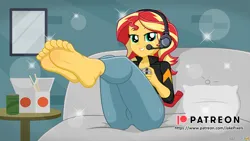 Size: 1066x600 | Tagged: suggestive, artist:jakepixels, derpibooru import, sunset shimmer, human, equestria girls, equestria girls series, game stream, spoiler:eqg series (season 2), ass, barefoot, bed, breasts, bunset shimmer, butt, chinese food, cute, feet, fetish, food, foot fetish, foot focus, g4, gamer, gamer sunset, gumroad, gumroad logo, headset, image, legs in air, looking at you, patreon, patreon logo, png, shimmerbetes, video game