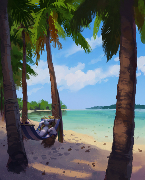 Size: 1800x2225 | Tagged: safe, artist:koviry, derpibooru import, oc, unofficial characters only, pony, beach, commission, female, floppy ears, hammock, high res, image, jpeg, lidded eyes, lying down, mare, ocean, on back, palm tree, solo, tree, unshorn fetlocks, water