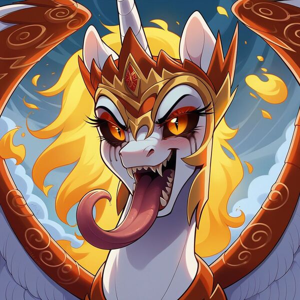 Size: 1024x1024 | Tagged: prompter needed, questionable, ai content, derpibooru import, machine learning generated, stable diffusion, daybreaker, evil grin, female, grin, image, jpeg, long tongue, sharp teeth, smiling, solo, solo female, teeth, tongue out, wings