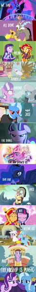 Size: 736x5888 | Tagged: safe, derpibooru import, edit, edited screencap, screencap, applejack, diamond tiara, discord, fluttershy, gilda, nightmare moon, pinkie pie, princess luna, rainbow dash, rarity, silver spoon, starlight glimmer, sunset shimmer, trixie, twilight sparkle, twilight sparkle (alicorn), alicorn, draconequus, earth pony, gryphon, human, pegasus, pony, unicorn, crusaders of the lost mark, equestria girls, friendship is magic, griffon the brush off, luna eclipsed, season 1, season 2, season 3, season 4, season 5, season 6, the lost treasure of griffonstone, the return of harmony, to where and back again, twilight's kingdom, discovery family, discovery family logo, female, filly, foal, g4, horn, hub logo, image, jpeg, logo, male, mane six, mare, my little pony equestria girls: rainbow rocks, rainbow power, s5 starlight, the hub