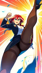 Size: 704x1216 | Tagged: prompter needed, source needed, suggestive, ai content, derpibooru import, machine learning generated, novelai, stable diffusion, sunset shimmer, human, equestria girls, axe kick, breasts, business suit, busty sunset shimmer, cleavage, clothes, female, g4, high heels, image, kick, kicking, legs, martial arts, panties, pantyhose, png, shoes, skirt, suit, underwear, upskirt