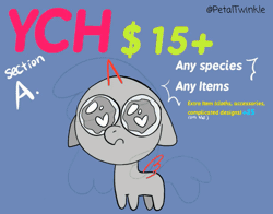 Size: 1026x806 | Tagged: safe, artist:petaltwinkle, derpibooru import, pony, animated, blue background, chibi, commission, dialogue, floppy ears, for sale, frown, gif, heart, heart eyes, image, pleading, signature, simple background, solo, speech bubble, text, wingding eyes, your character here