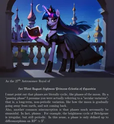 Size: 2432x2660 | Tagged: safe, ai content, derpibooru import, machine learning generated, prompter:kopaleo, stable diffusion, twilight sparkle, astronomy, balcony, book, canterlot, clothes, crescent moon, dress, generator:pony diffusion v6 xl, goth, image, magic, magic aura, math, math joke, moon, night, night sky, png, prompt in description, sky, telekinesis